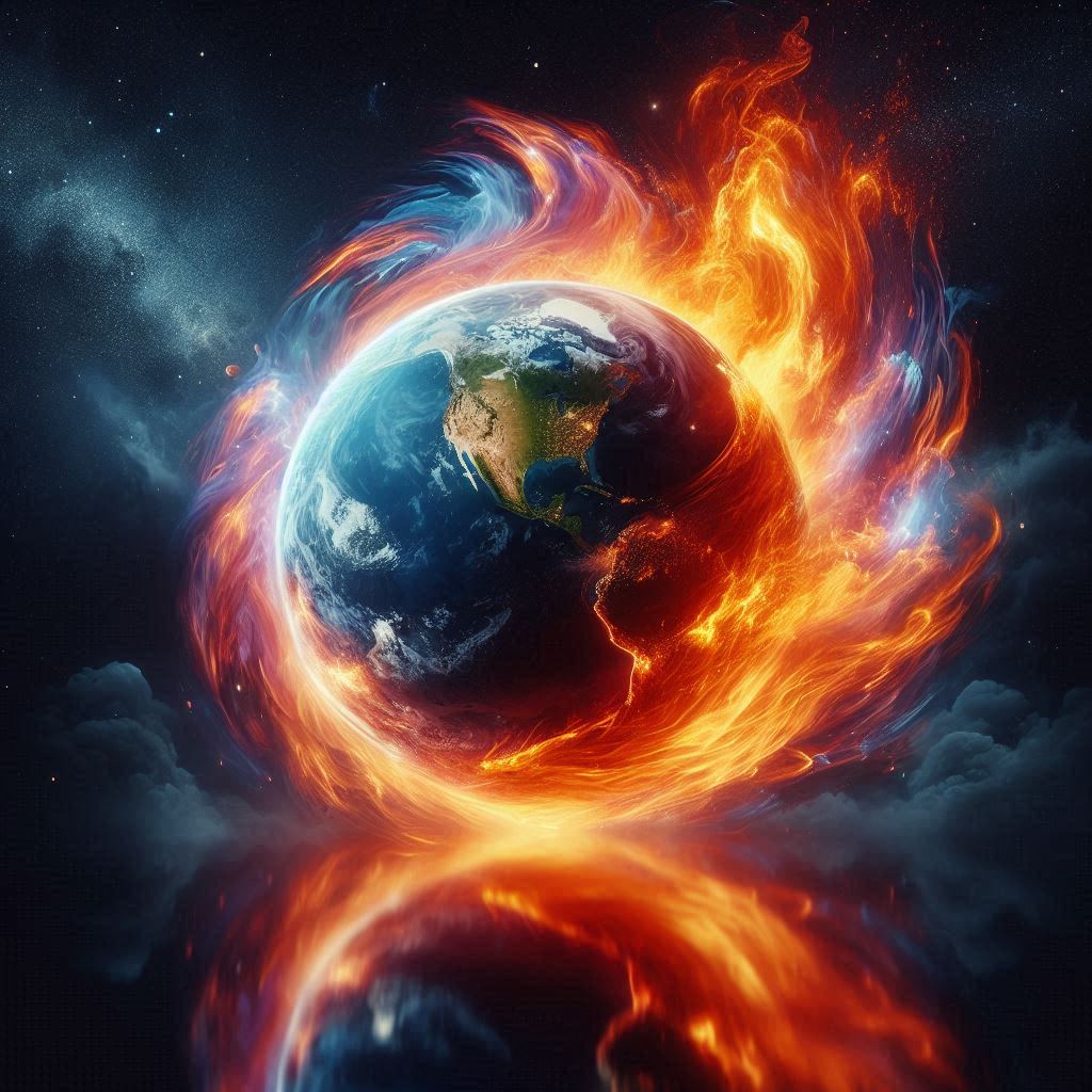 Earth swirling with flames, symbolizing cultural and societal upheaval