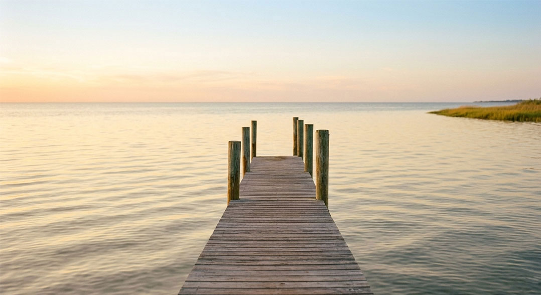 A wooden pier leading out into a calm, sunlit sea at dawn, representing steady ground for estranged parents