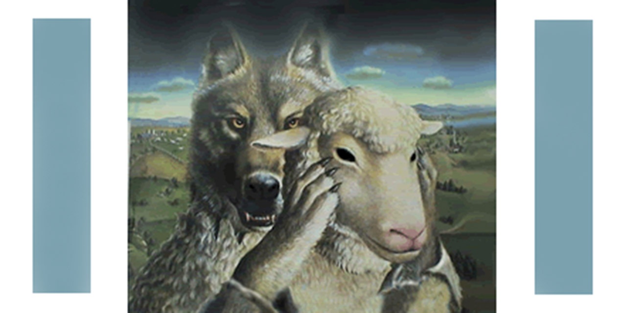An image of a wolf holding a sheep mask, representing deception and the hidden tactics some therapists and coaches use to influence adult children.